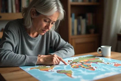 Femme consultant une carte du monde sur une table en bois et étudiant la région du Groenland