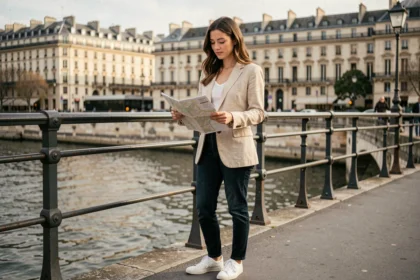 Femme consultant une carte touristique sur le Pont des Arts à Paris lors d'un itinéraire à pied pour débutants
