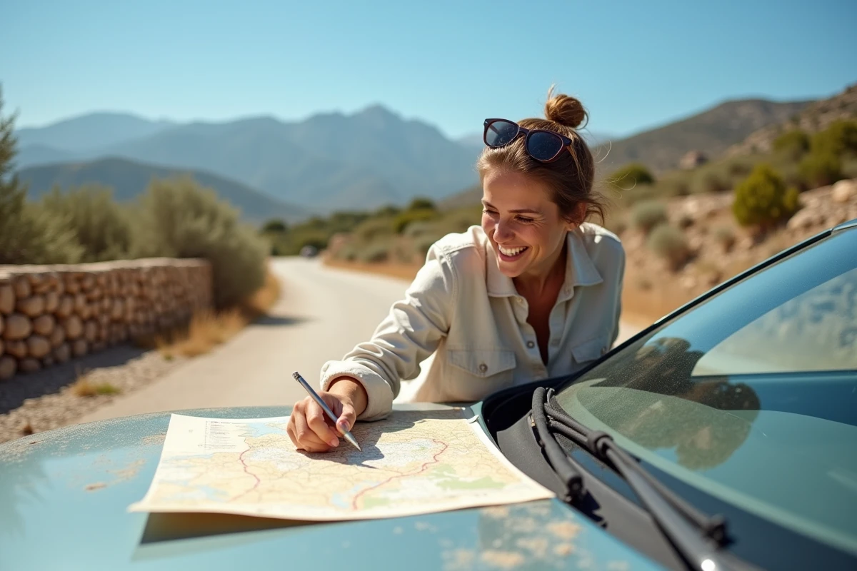 Femme consultant une carte routière de la Corse du Nord appuyée sur le capot d'une voiture lors d'un road trip