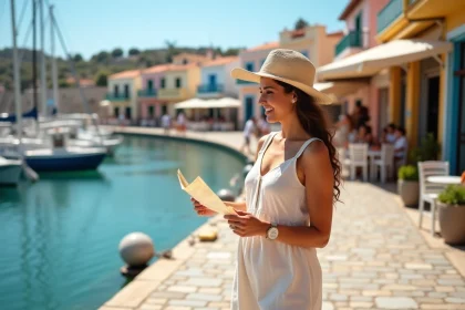 Femme souriante en voyage à Chalki Rhodes