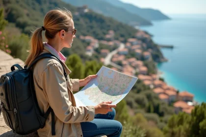 Femme méditerranéenne étudie une carte de Corse avec vue sur la mer