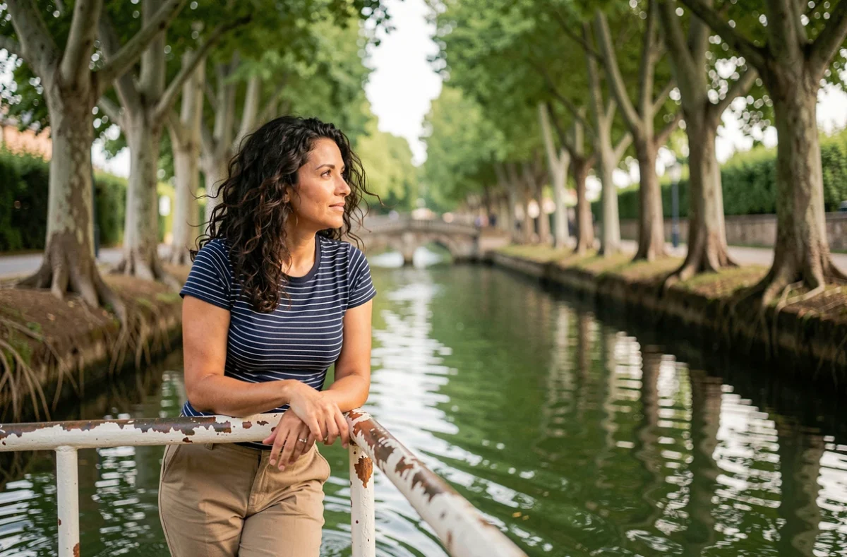 Femme en croisière sur le Canal du Midi admirant les platanes depuis le pont d'un bateau fluvial