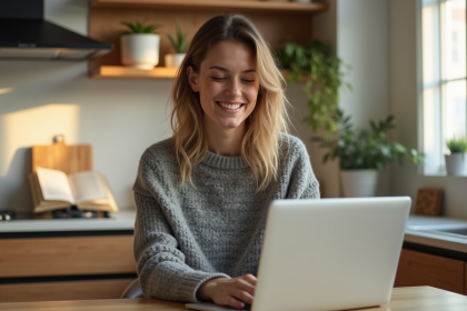 Jeune femme souriante utilisant un ordinateur dans une cuisine lumineuse