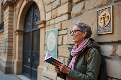 Femme regardant une plaque du patrimoine mondial UNESCO