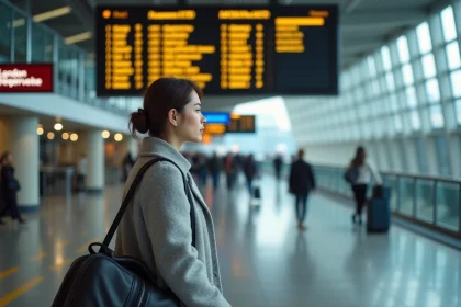 Jeune femme consultant les départs en train vers l'aéroport de Londres Gatwick pour économiser sur son transfert