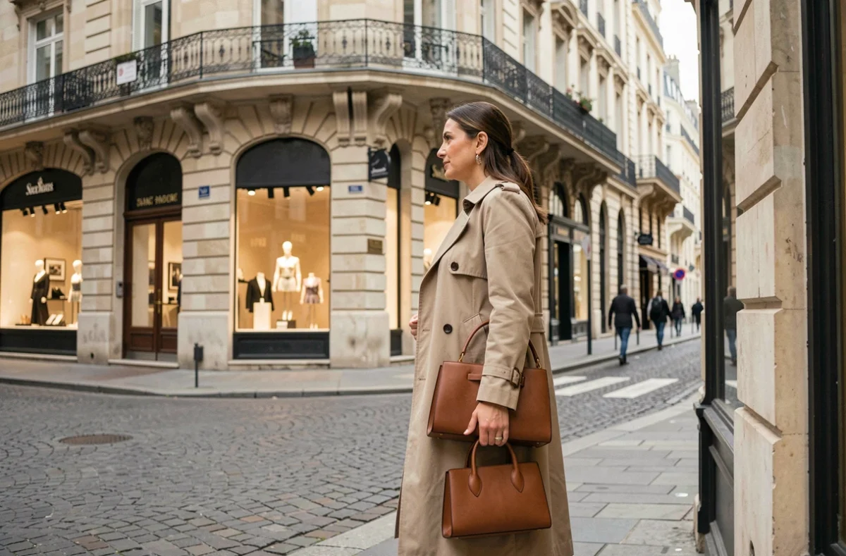 Femme élégante en trench-coat beige devant une boutique de luxe sur la Rue Saint-Honoré à Paris