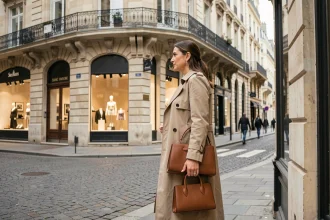 Femme élégante en trench-coat beige devant une boutique de luxe sur la Rue Saint-Honoré à Paris