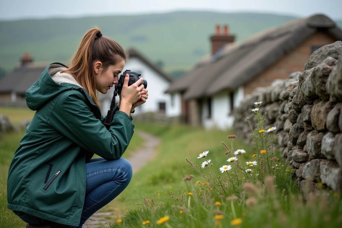 Jeune femme photographiant des fleurs dans un village traditionnel