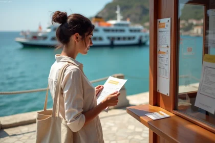 Femme consultant les horaires du bateau pour Porquerolles à un guichet de port méditerranéen