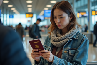 Jeune femme inquiète avec passeport à l'aéroport