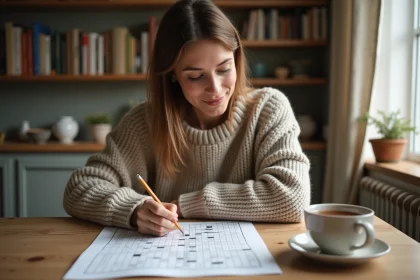 Femme jouant à un jeu de mots croisés avec un crayon à la main sur une table en bois