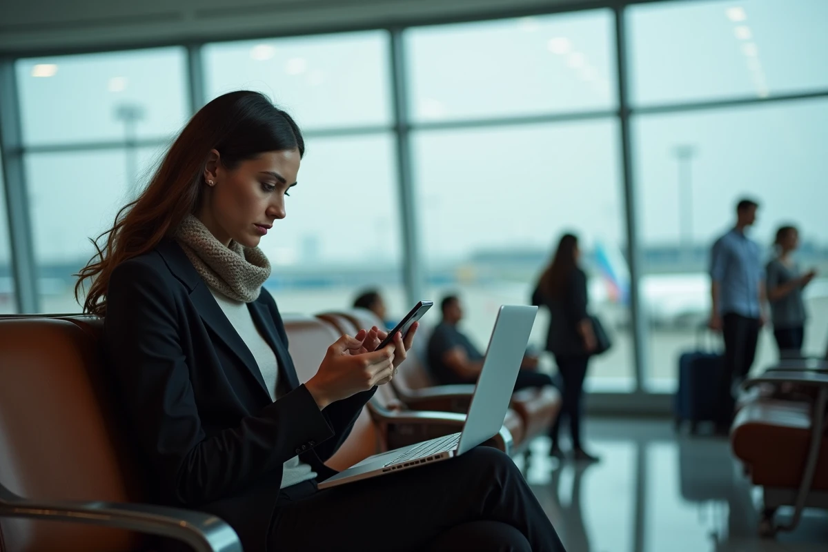 Jeune femme professionnelle comparant assurances voyage à l