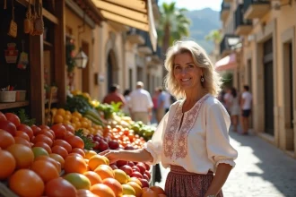 Femme espagnole sélectionnant des fruits au marché de Palma