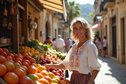 Femme espagnole s&eacute;lectionnant des fruits au march&eacute; de Palma