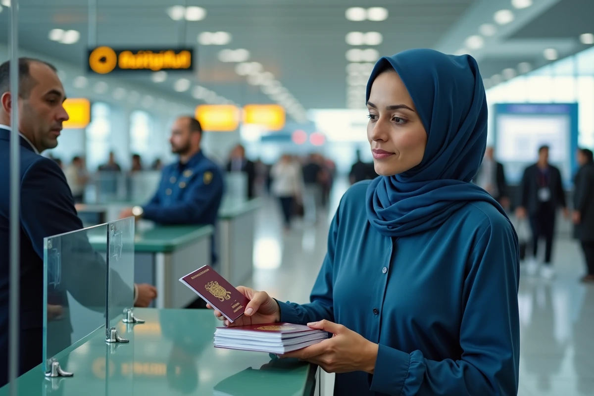 Femme marocaine présentant son passeport à l'aéroport