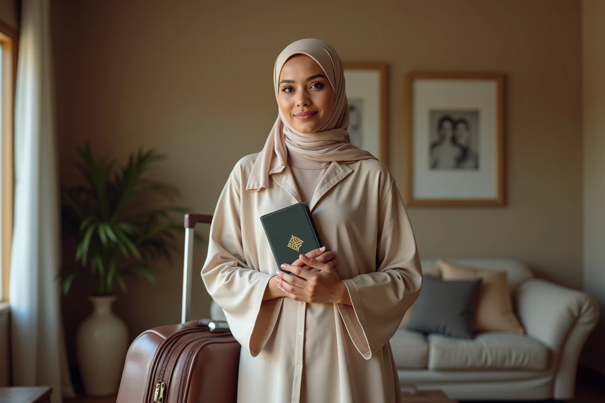 Jeune femme musulmane avec valise et livre de priere