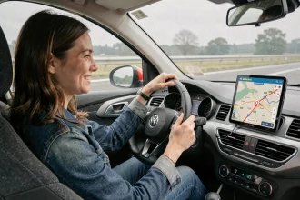 Femme consultant l'application ViaMichelin sur son smartphone monté dans une voiture avant un road trip