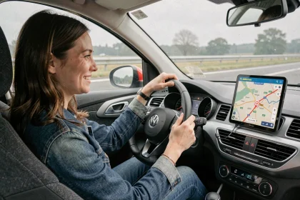 Femme consultant l'application ViaMichelin sur son smartphone monté dans une voiture avant un road trip