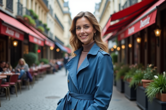 Femme souriante en trench bleu dans une rue parisienne