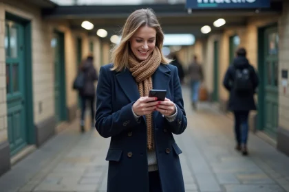 Femme souriante v&eacute;rifiant son Navigo dans le m&eacute;tro parisien