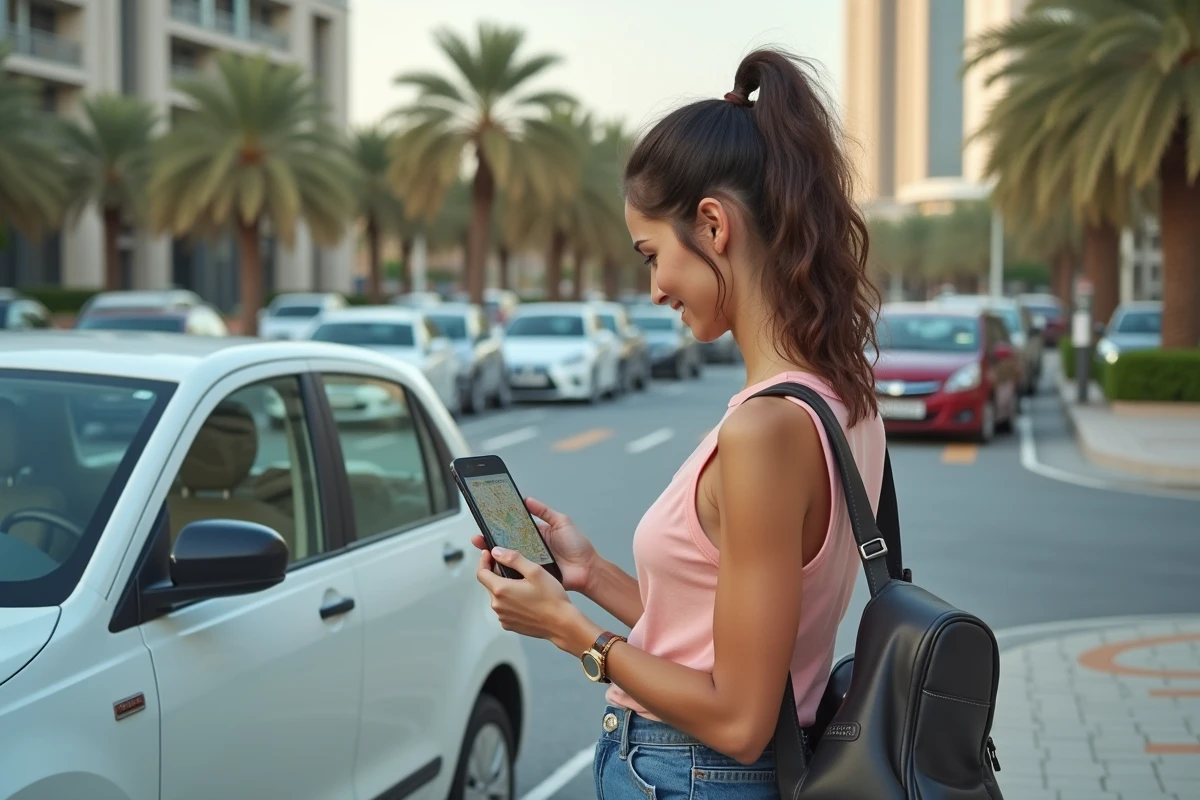 Femme &eacute;tudie carte parking sur smartphone &agrave; Dubai