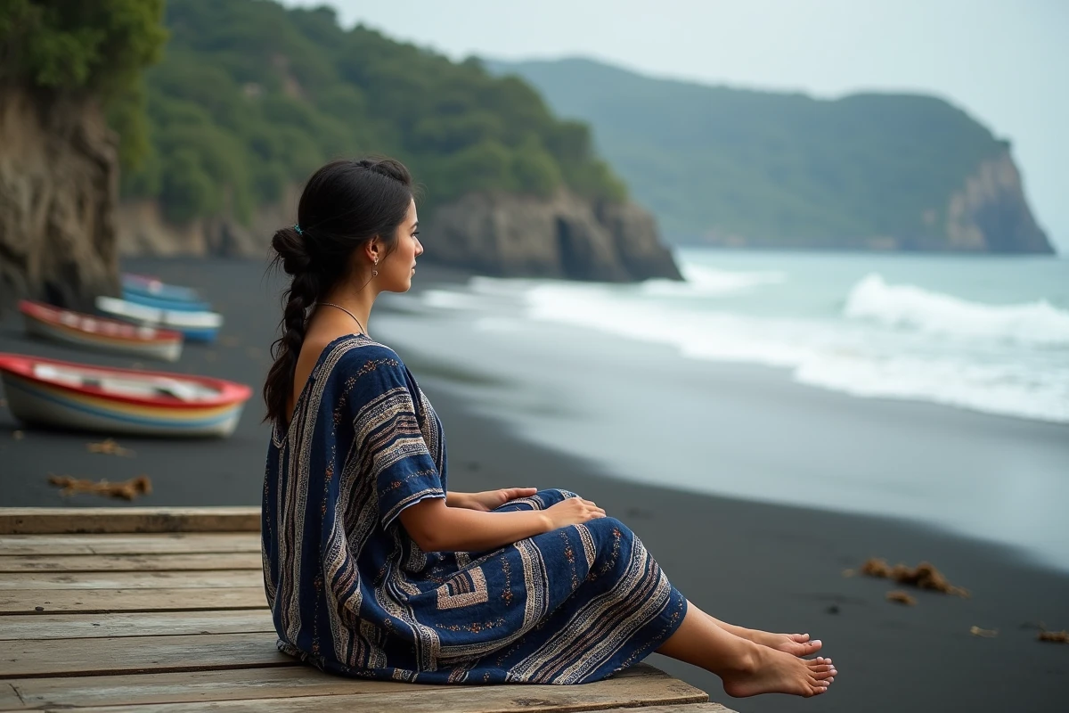 Femme mexicaine en robe traditionnelle assise sur un ponton face à l'océan Pacifique à Mazunte Oaxaca
