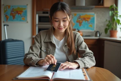 Jeune femme organisant ses documents de voyage dans un appartement