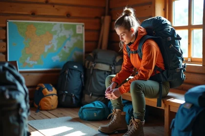 Jeune femme pr&eacute;parant son sac de randonn&eacute;e en montagne