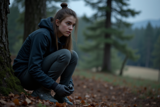 Jeune femme discrète derrière un arbre en forêt la nuit