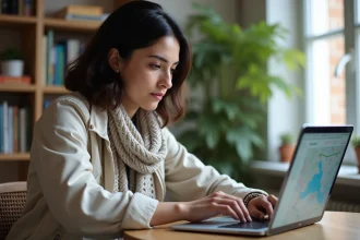 Jeune femme recherche des trajets de voyage sur son ordinateur