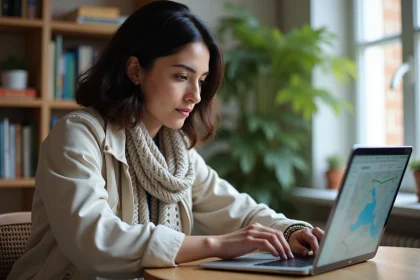 Jeune femme recherche des trajets de voyage sur son ordinateur