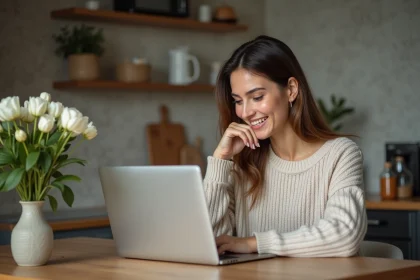 Femme en cuisine cherchant des offres de voyage sur son ordinateur