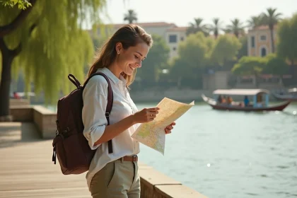 Femme souriante au bord de la rivière avec carte et nature