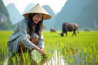 Femme vietnamienne plantant du riz dans un champ verdoyant