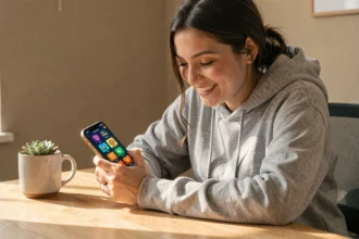 Femme jouant à Travel Town sur smartphone et réclamant des liens d'énergie gratuite