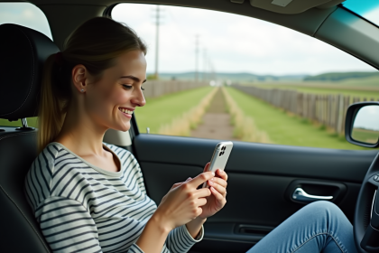 Jeune femme dans sa voiture regarde son smartphone en campagne