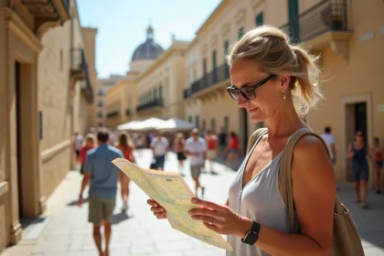 Femme regardant une carte &agrave; Valletta en &eacute;t&eacute;