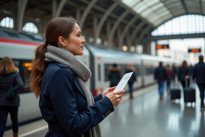Jeune femme avec ticket Eurostar à la gare du Nord