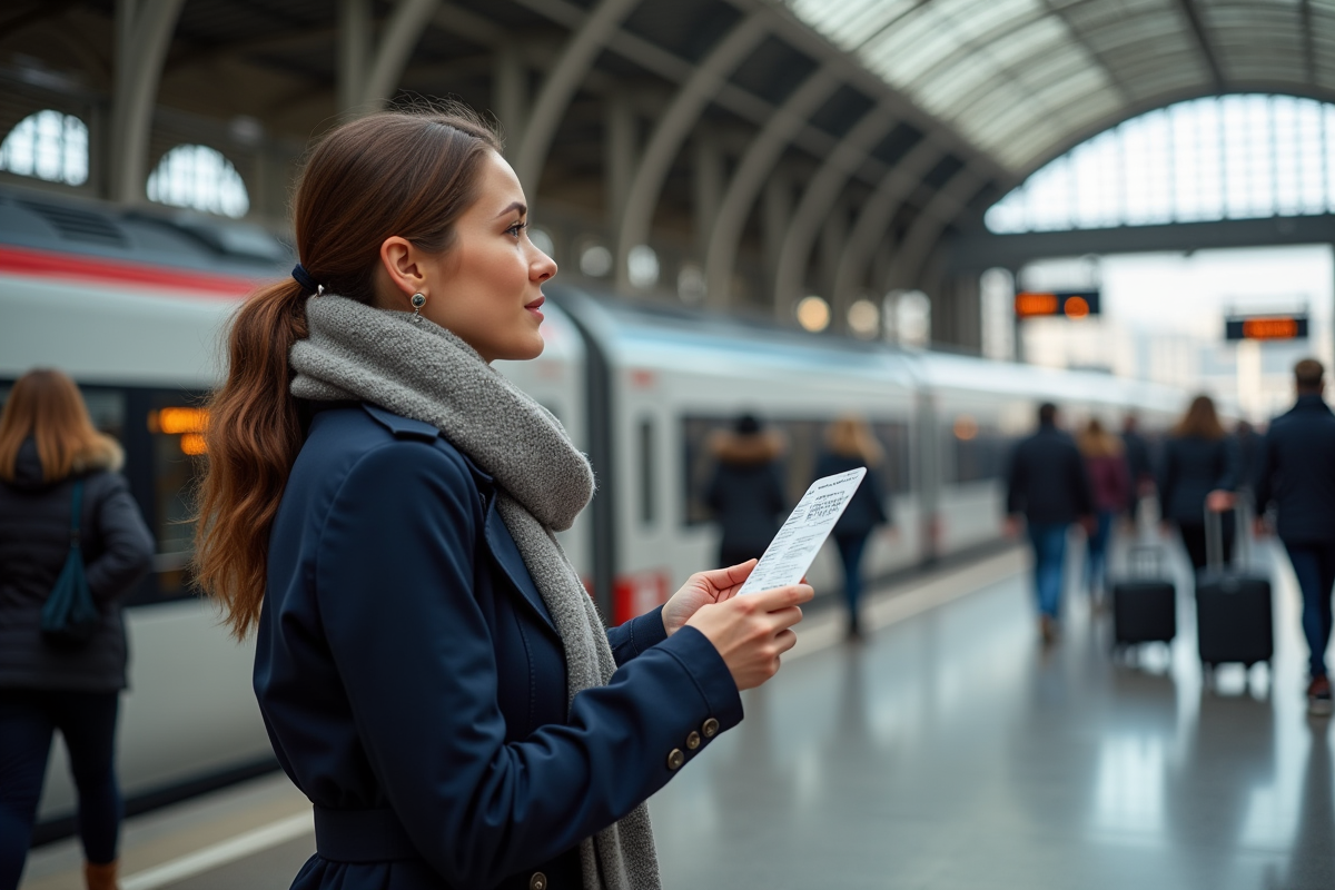 Jeune femme avec ticket Eurostar à la gare du Nord