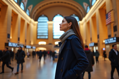 Jeune femme en trench à grand central terminal