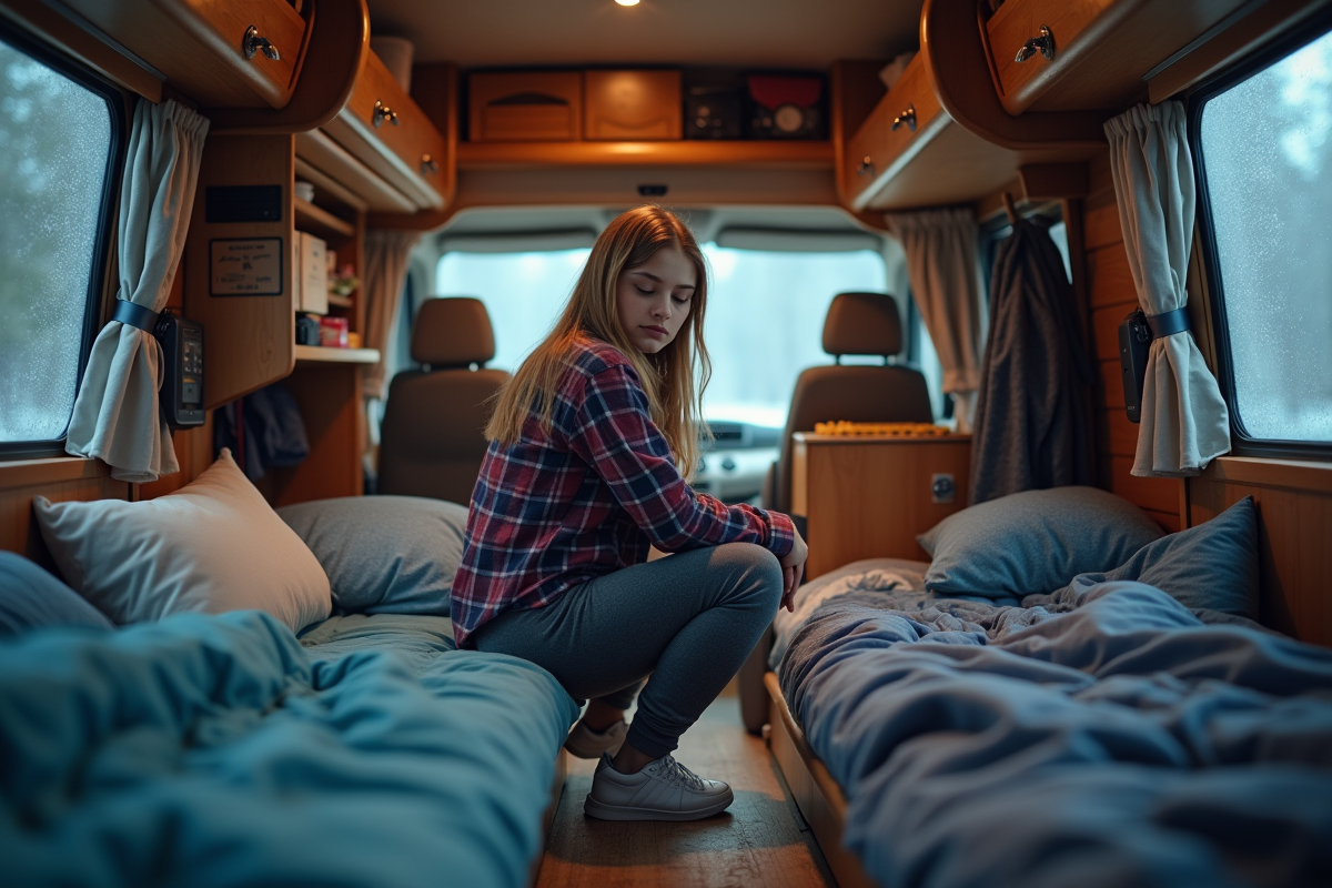 Jeune femme dans un van utilisant un urinal pliable