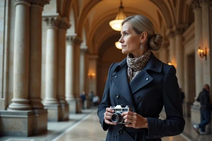 Femme avec trench et appareil photo devant le Woolworth Building