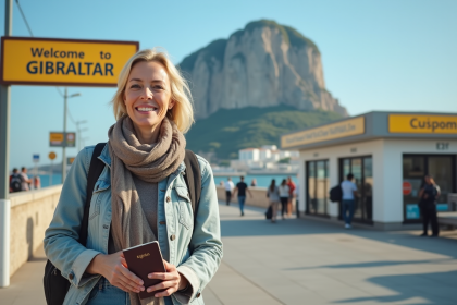 Femme voyageuse devant le panneau d'entrée à Gibraltar