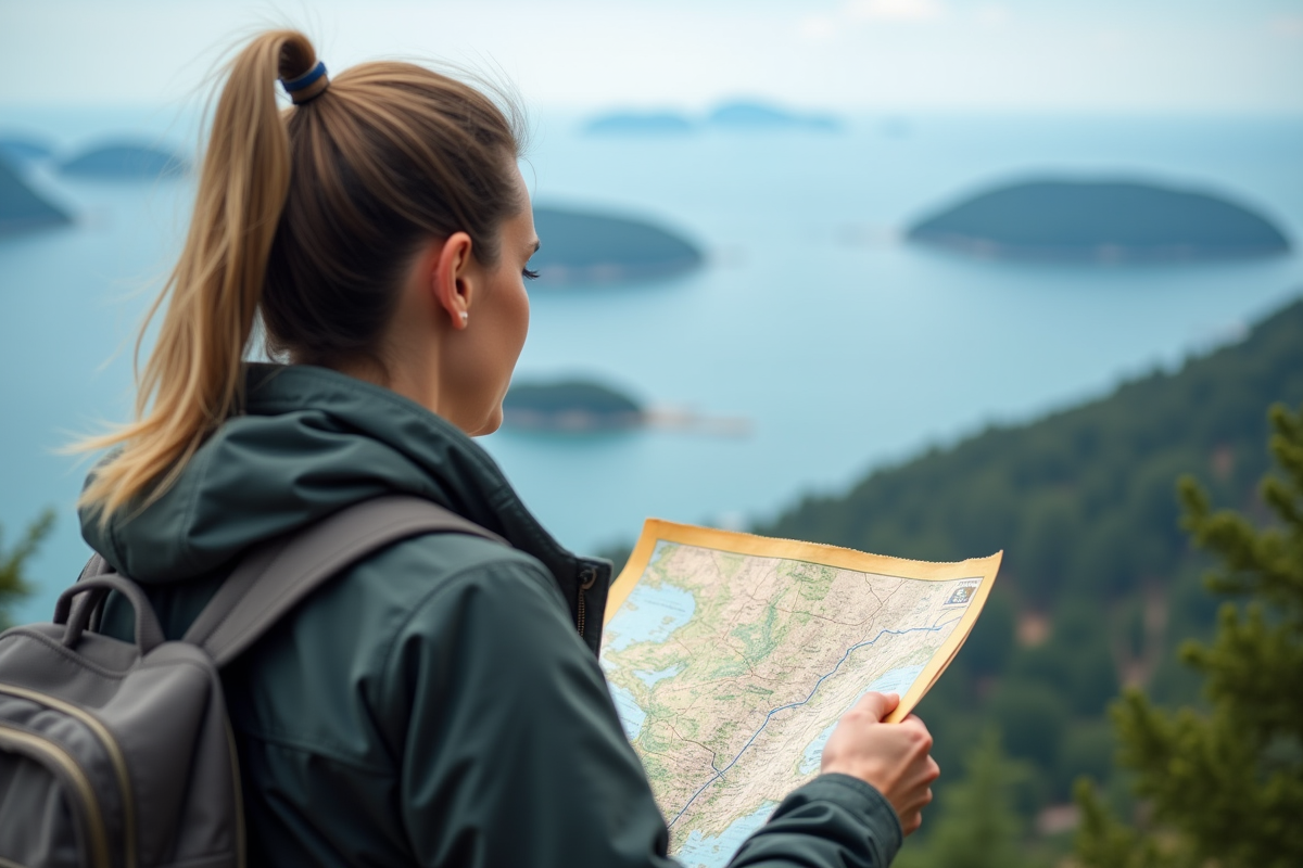 Femme voyageant regardant une carte d'archipel au sommet