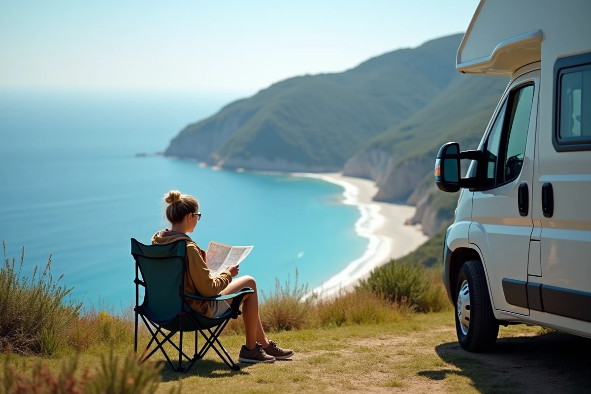 Jeune femme lisant une carte face &agrave; la mer en Corse