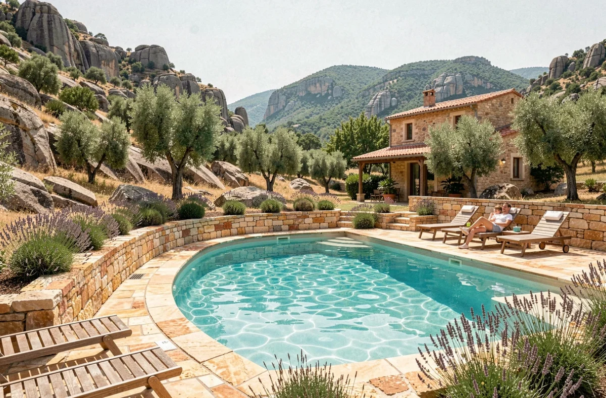 La Ferme de Margot en Ardèche avec piscine extérieure en pierre naturelle et paysage de collines méditerranéennes