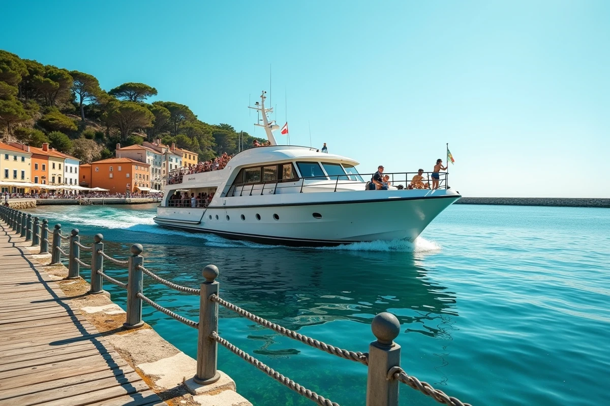 Ferry passagers quittant le port en direction de l'île de Porquerolles par une journée ensoleillée