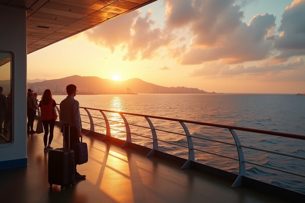 Passagers sur le ferry au lever du soleil regardant la ville japonaise