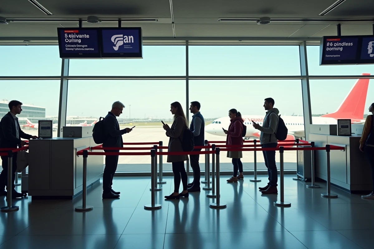 File d'attente d'embarquement prioritaire Volotea avec voyageurs devant la porte d'embarquement à l'aéroport