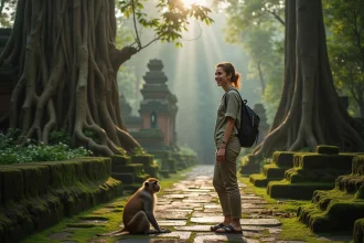 Jeune femme souriante dans la forêt de Bali avec un macaque